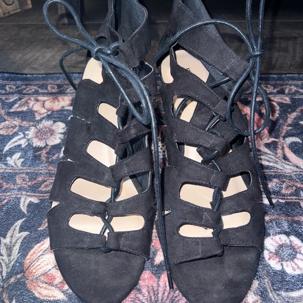 JustFab Black Lace-Up Cutout Wedge Sandals